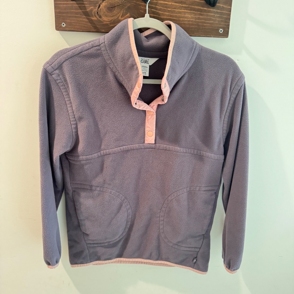 Athleta Girl Fleece Snap Neck Pullover Purple Pink Trim Size Large 12